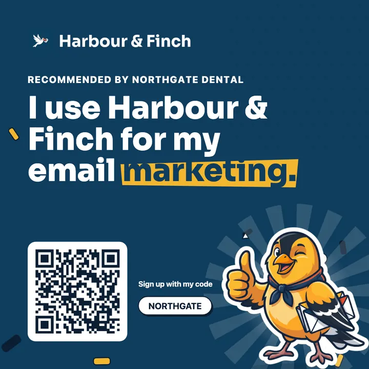 Square post: “I use Harbour & Finch for my email marketing”, with the referrer’s code and QR, drawn in the website’s look