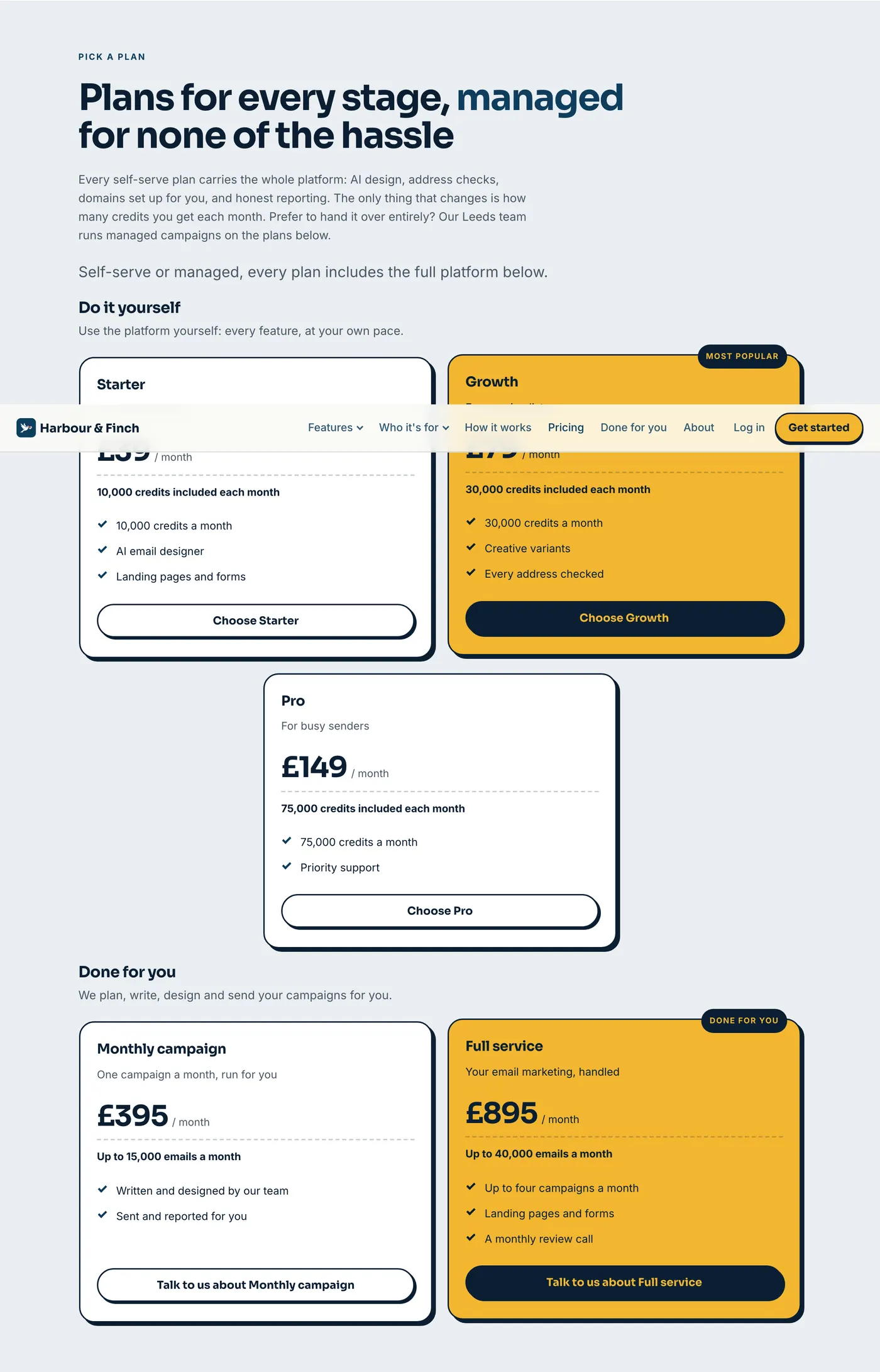 The pricing page with live plans in pounds